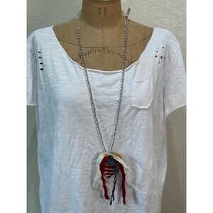 A Rare Bird Hand Painted Wood Heart Crystal Flag Long Necklace Rhinestone NWT